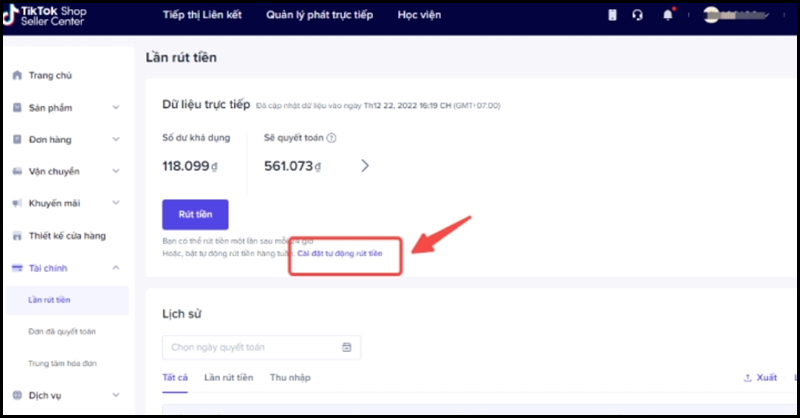 Cài đặt rút tiền tự động trên TikTok Shop
