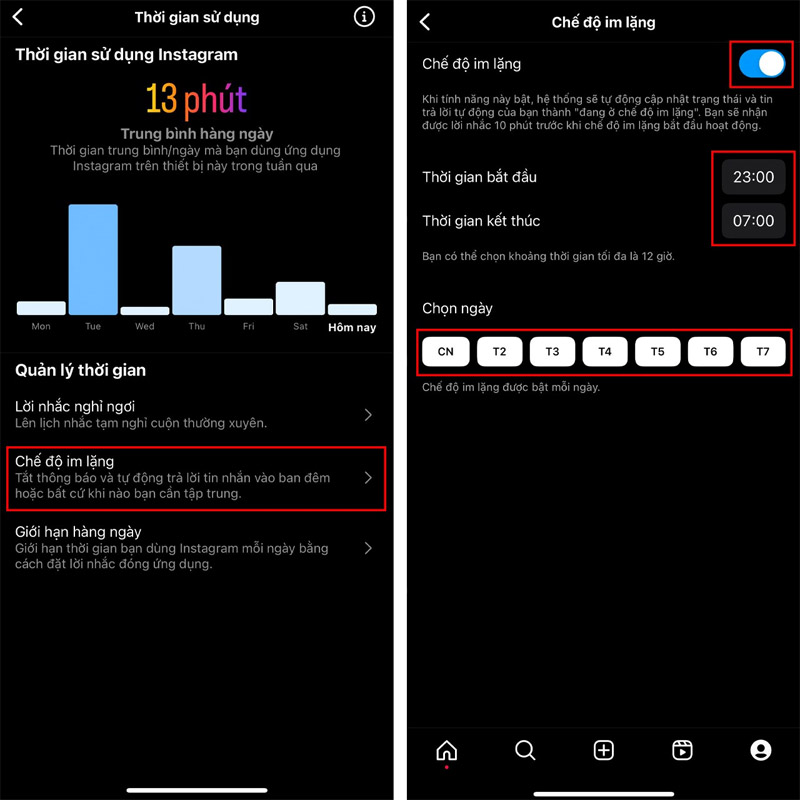 Cài đặt thời gian kích hoạt Chế độ im lặng trên Instagram