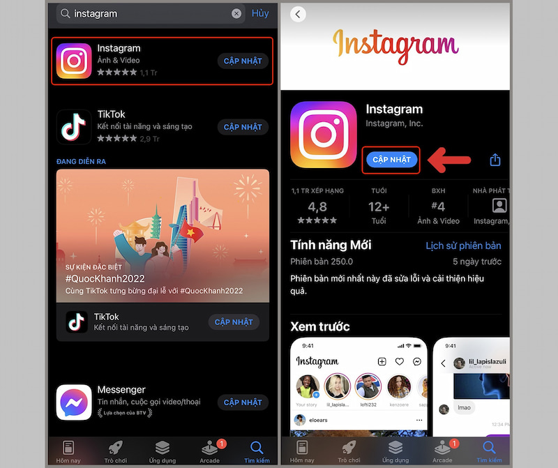 Cập nhật Instagram khi bị lỗi tin nhắn 