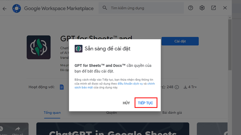 Cấp quyền cho GPT for Sheet and Docs bằng cách nhấn vào Tiếp tục