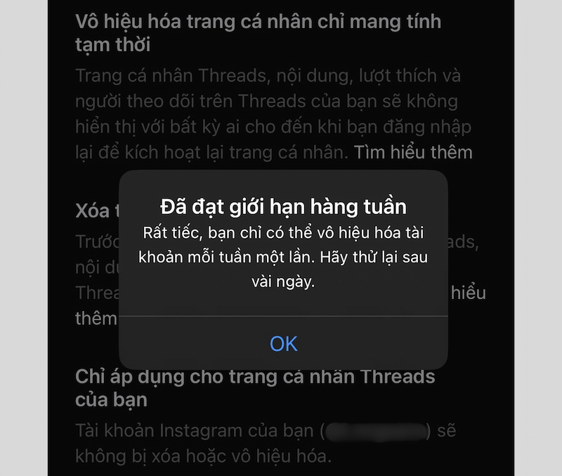 Bạn chỉ có thể vô hiệu hóa tài khoản Threads mỗi tuần một lần