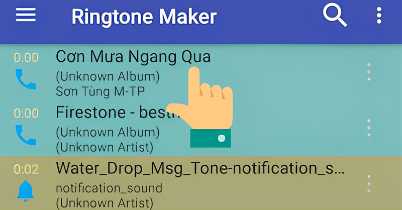 Trong giao diện của Ringtone Maker chọn bài hát muốn cài làm nhạc chuông