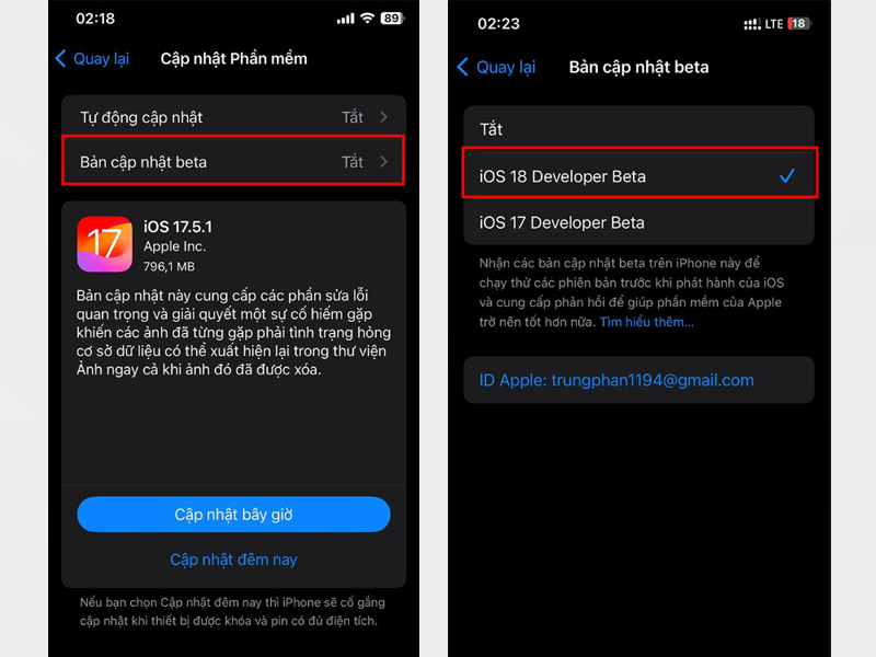 Chọn Bản cập nhật Beta, sau đó nhấn vào mục iOS 18 Developer Beta