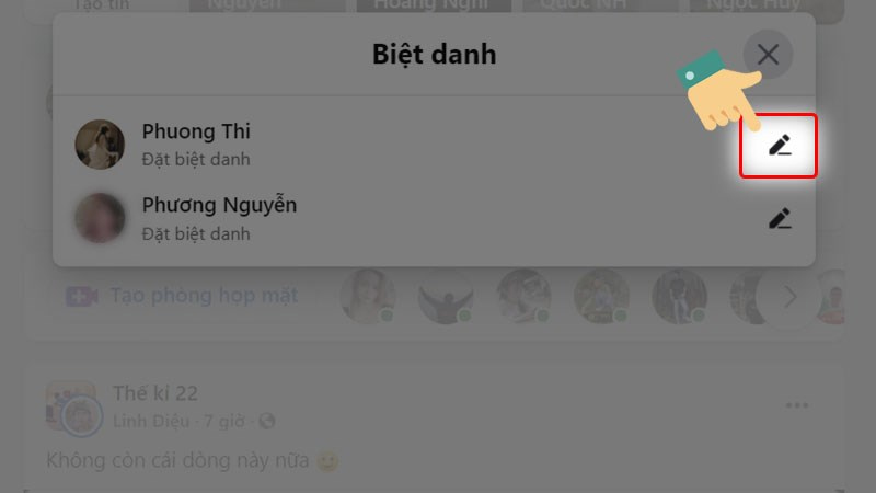 Chọn biểu tượng cây bút cạnh tên tài khoản để đặt biệt hiệu Messenger