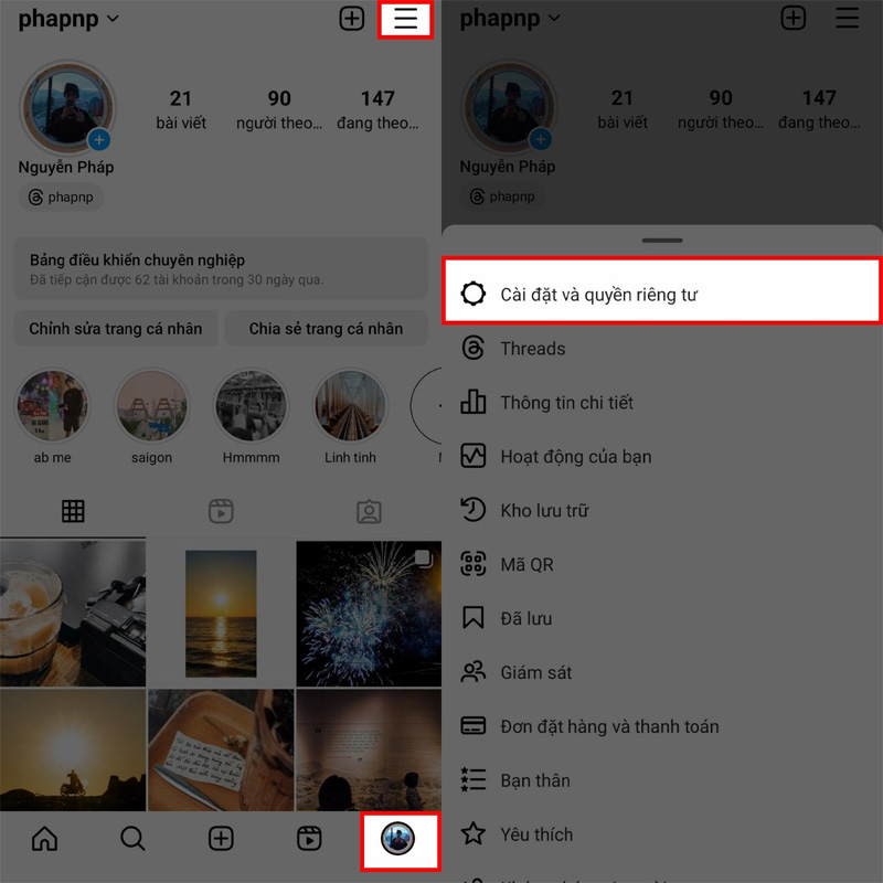Chọn Cài đặt và quyền riêng tư trong giao diện trang cá nhân Instagram