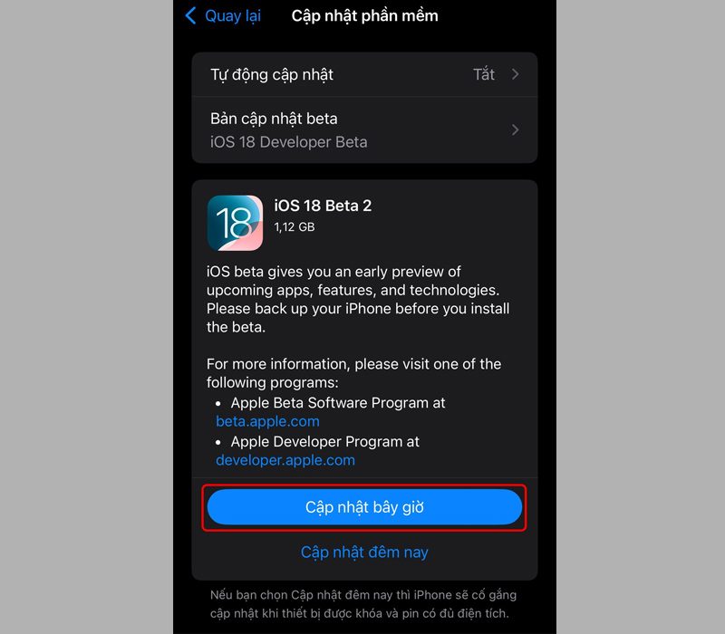 Chọn Cập nhật bây giờ để bắt đầu cài đặt iOS 18 Beta 2 về iPhone 