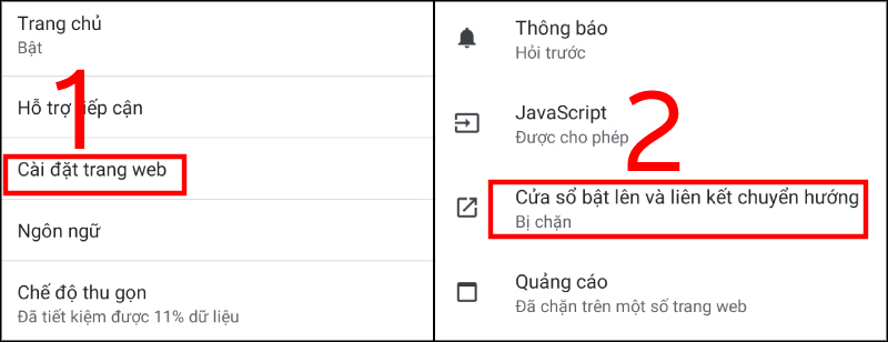 Chọn Cài đặt trang web, Cửa sổ bật lên và liên kết chuyển hướng