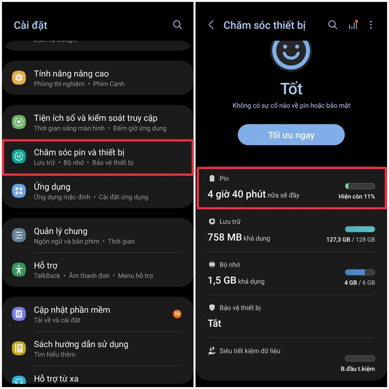 Chọn Chăm sóc pin và thiết bị, sau đó nhấn vào mục Pin