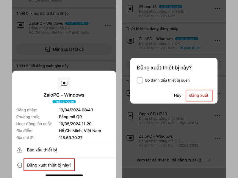 Chọn Đăng xuất thiết bị này và nhấn Đăng xuất để xác nhận