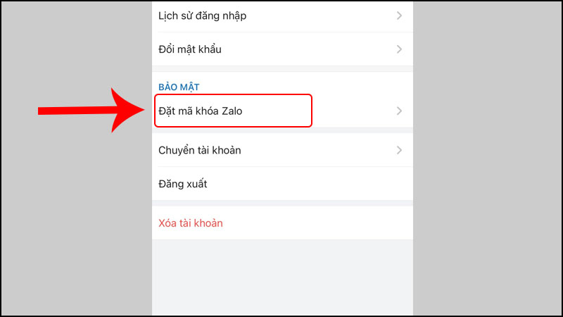 Chọn Đặt mã khóa Zalo tại mục Bảo mật