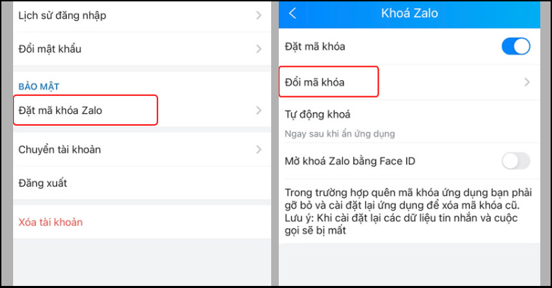 Chọn Đặt mã khóa Zalo và Đổi mã khóa