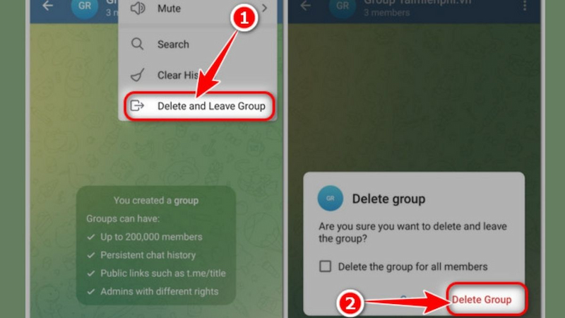 Chọn Delete Group để rời nhóm Telegram 