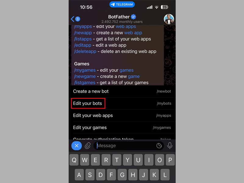 Chọn Edit your bots để truy cập vào các chức năng quản lý bot 