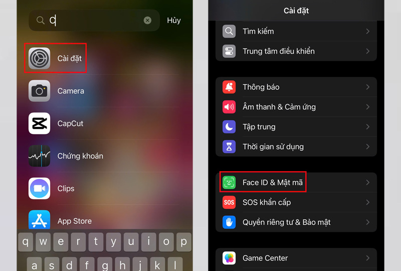 Chọn Cài đặt, nhấn vào mục Face ID & Mật mã