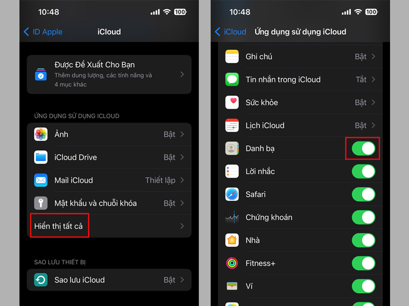 Chọn Hiển thị tất cả và bật đồng bộ hóa danh bạ lên iCloud