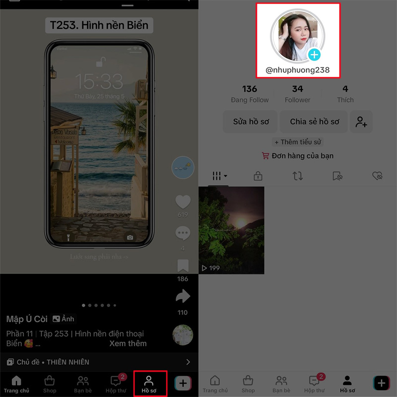 Chọn Hồ sơ và nhấn vào ảnh đại diện TikTok