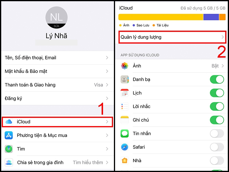 Chọn iCloud sau đó chọn Quản lý dung lượng