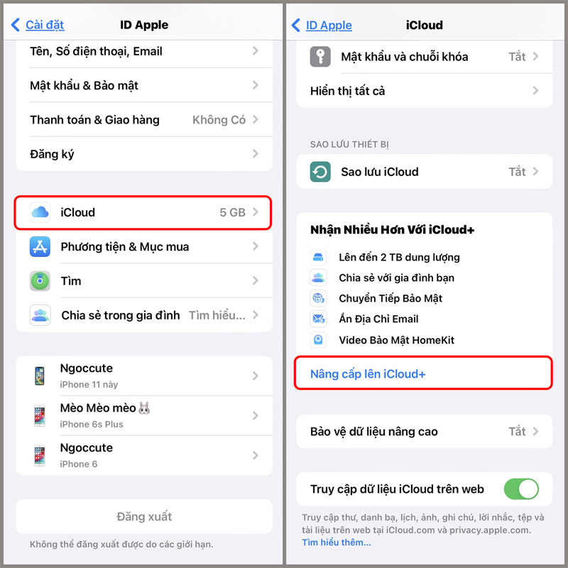 Chọn iCloud, sau đó nhấn vào mục Nâng cấp lên iCloud+