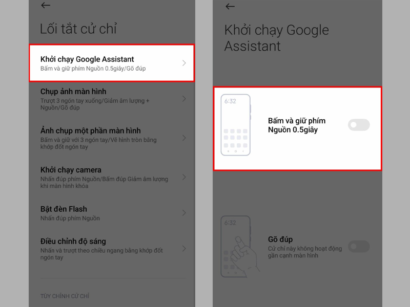 Chọn Khởi chạy Google Assistant, tắt mục Bấm và giữ phím Nguồn 0.5 giây