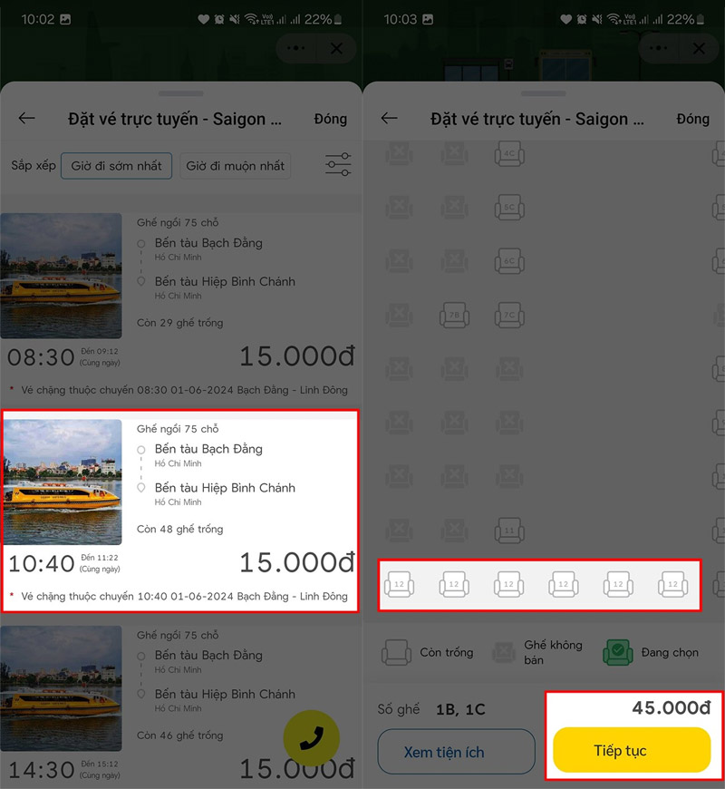 Chọn khung giờ, vị trí ghế và nhấn Tiếp tục
