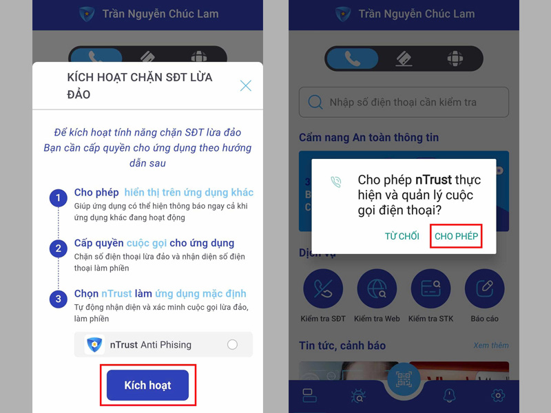 Chọn Kích hoạt, sau đó nhấn vào mục CHO PHÉP