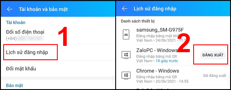 Chọn Lịch sử đăng nhập và nhấn Đăng xuất tại thiết bị muốn đăng xuất