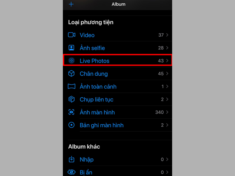 Chọn Live Photos tại mục Loại phương tiện