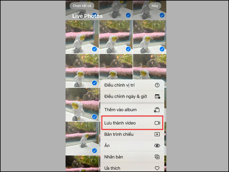 Chọn Lưu thành video để chuyển tất cả Live Photo đã chọn thành video