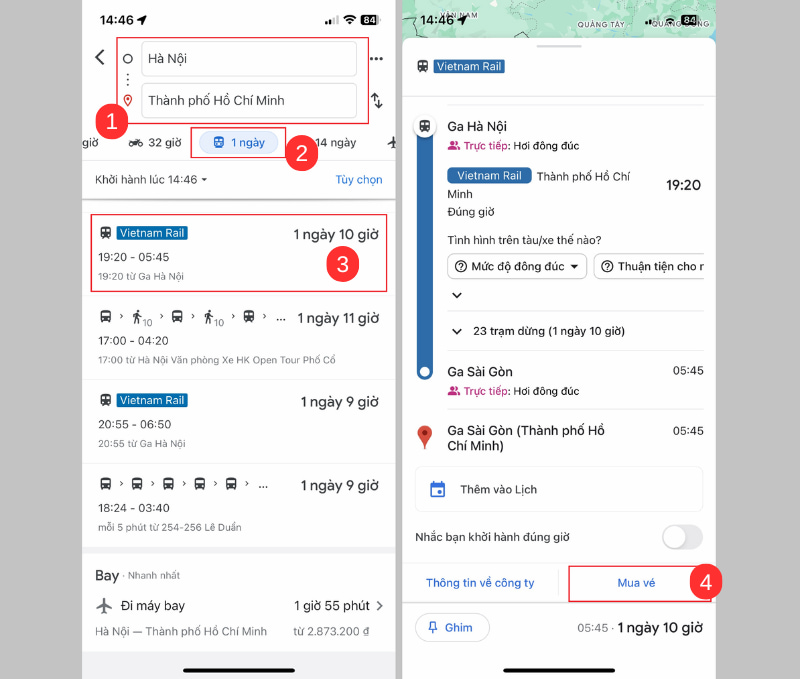 Chọn vào mục mua vé tàu trên Google Maps