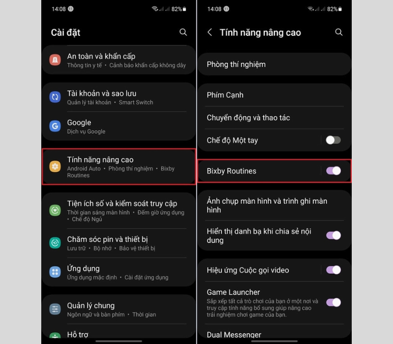 Chọn mục Bixby Routines trong Tính năng nâng cao