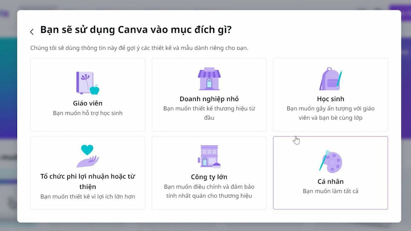 Chọn mục đích sử dụng Canva Education