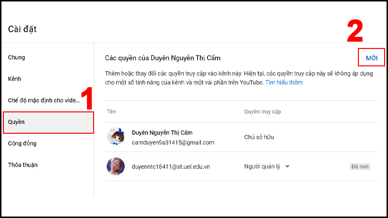 Chọn mục Quyền, sau đó chọn Mời để cấp quyền truy cập kênh YouTube