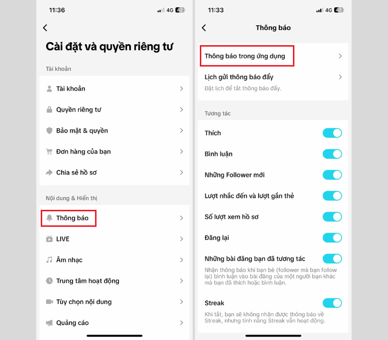 Chọn mục Thông báo trong ứng dụng