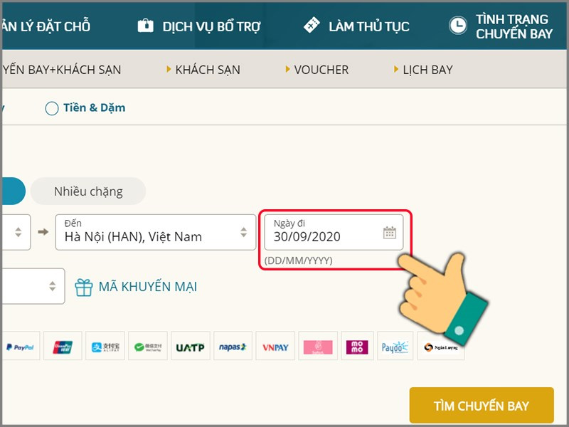 Chọn ngày đi theo lịch trình và chọn Tìm chuyến bay
