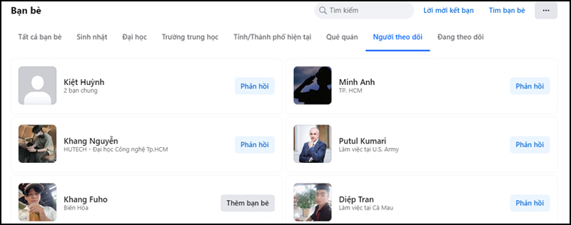 Chọn người theo dõi để xem tất cả tài khoản Facebook đang follow bạn