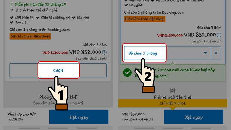 Chọn phòng và giường trên ứng dụng Booking