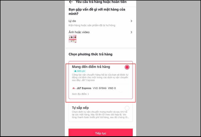 Chọn phương thức trả hàng, sau đó nhấn Tiếp tục