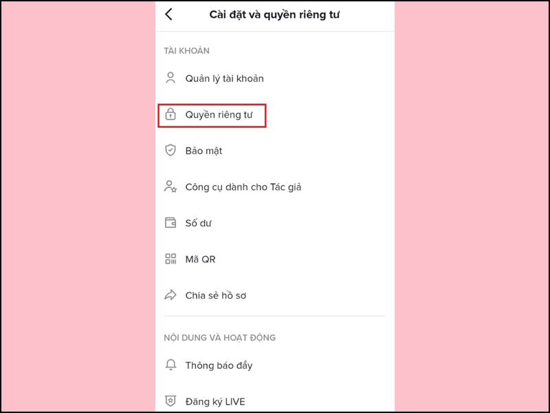 Chọn Quyền riêng tư