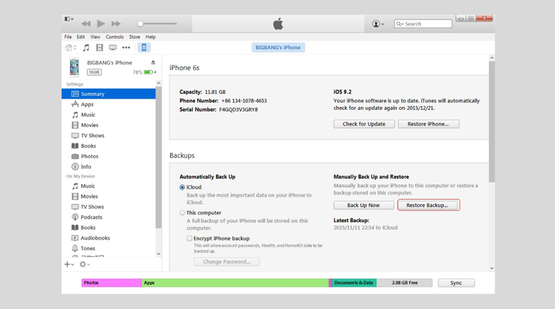 Kết nối iPhone mới và chọn Restore Backup