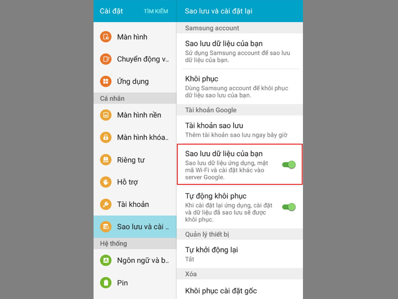 Chọn Sao lưu và cài đặt, sau đó nhấn vào mục Sao lưu dữ liệu của bạn