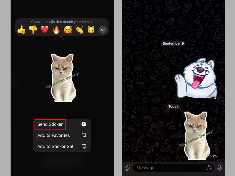 Chọn Send Sticker để gửi sticker vừa tạo đến cuộc trò chuyện Telegram
