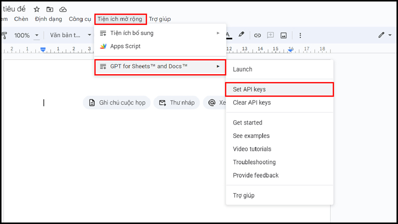 Chọn Set API keys trong mục GPT for Sheet and Docs