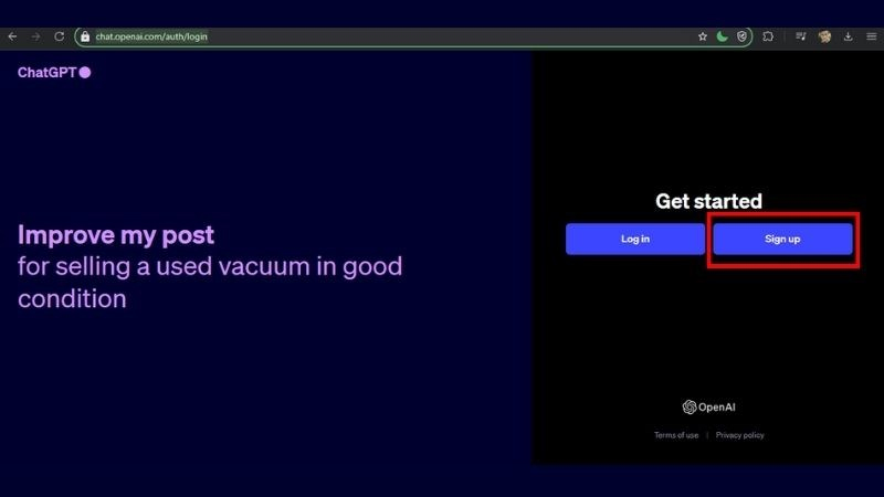 Chọn Sign Up để bắt đầu tạo tài khoản ChatGPT