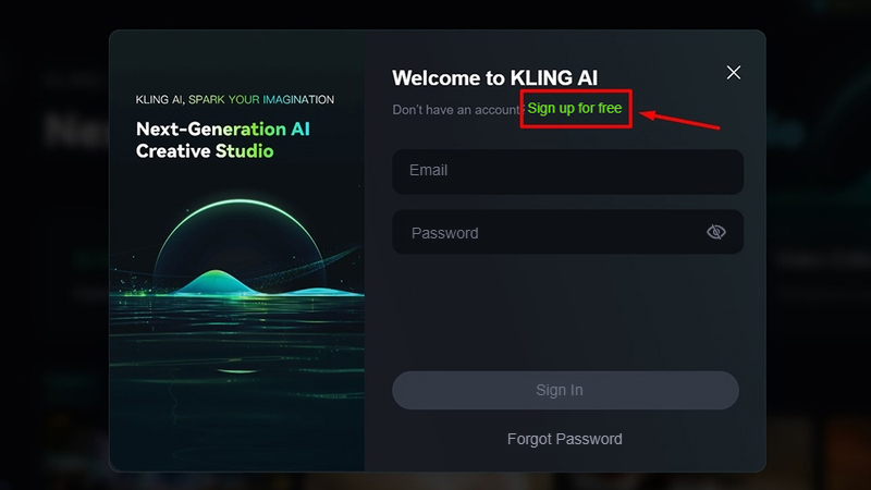 Chọn Sign up for free để đăng ký tài khoản Kling AI