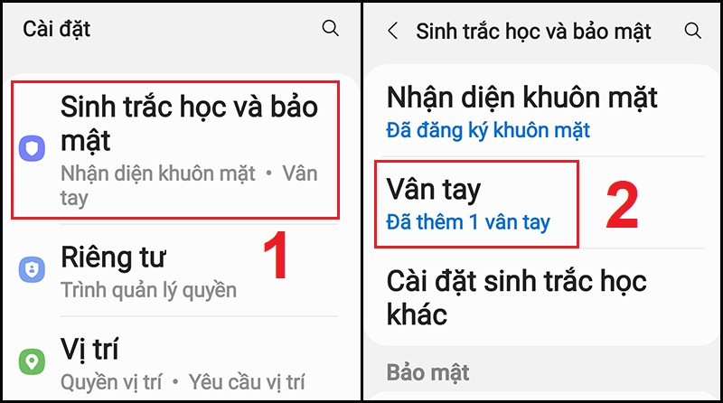 Chọn Sinh trắc học và bảo mật sau đó chọn Vân tay