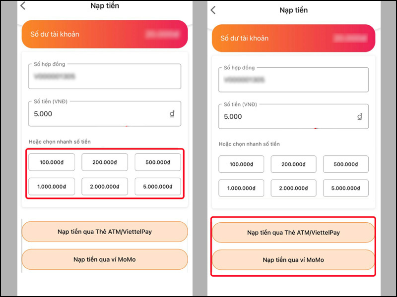Chọn số tiền cần nạp, sau đó click vào phương thức thanh toán phù hợp