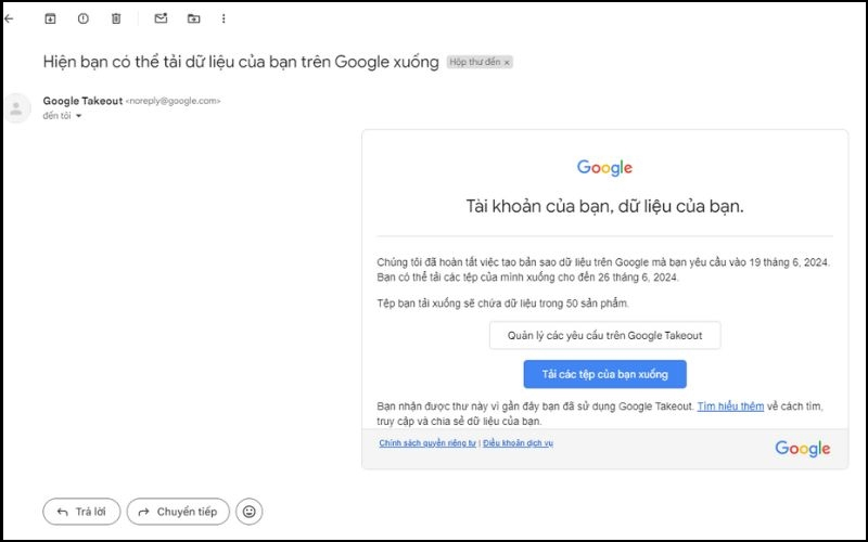 Chọn Tải các tệp của bạn xuống sau khi nhận email từ Google Takeout