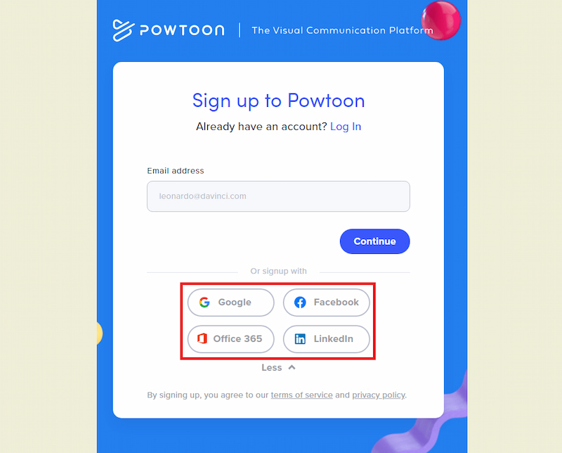 Chọn tài khoản để để đăng ký PowToon