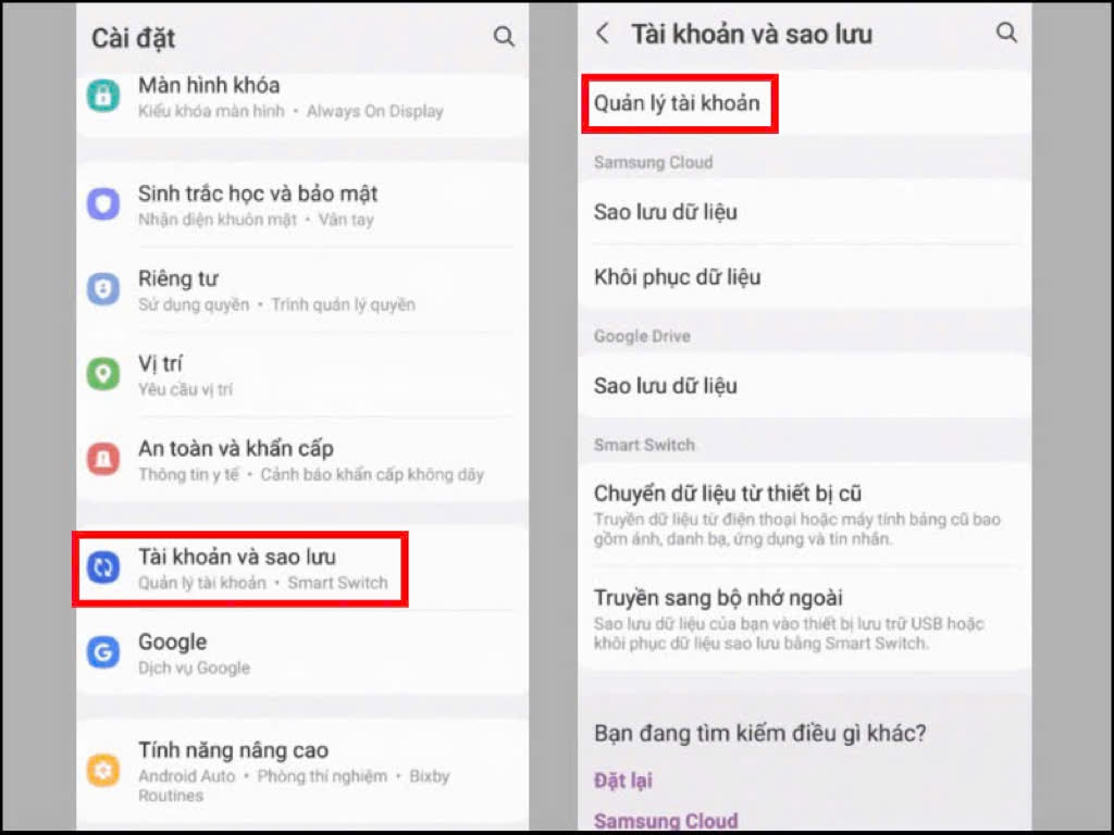Chọn Tài khoản và sao lưu, sau đó nhấn vào mục Quản lý tài khoản 