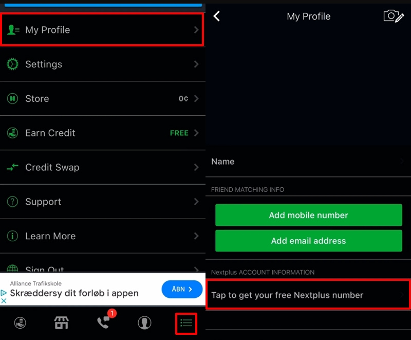 Chọn My Profile và nhấn vào mục Tap to get your free Nextplus number